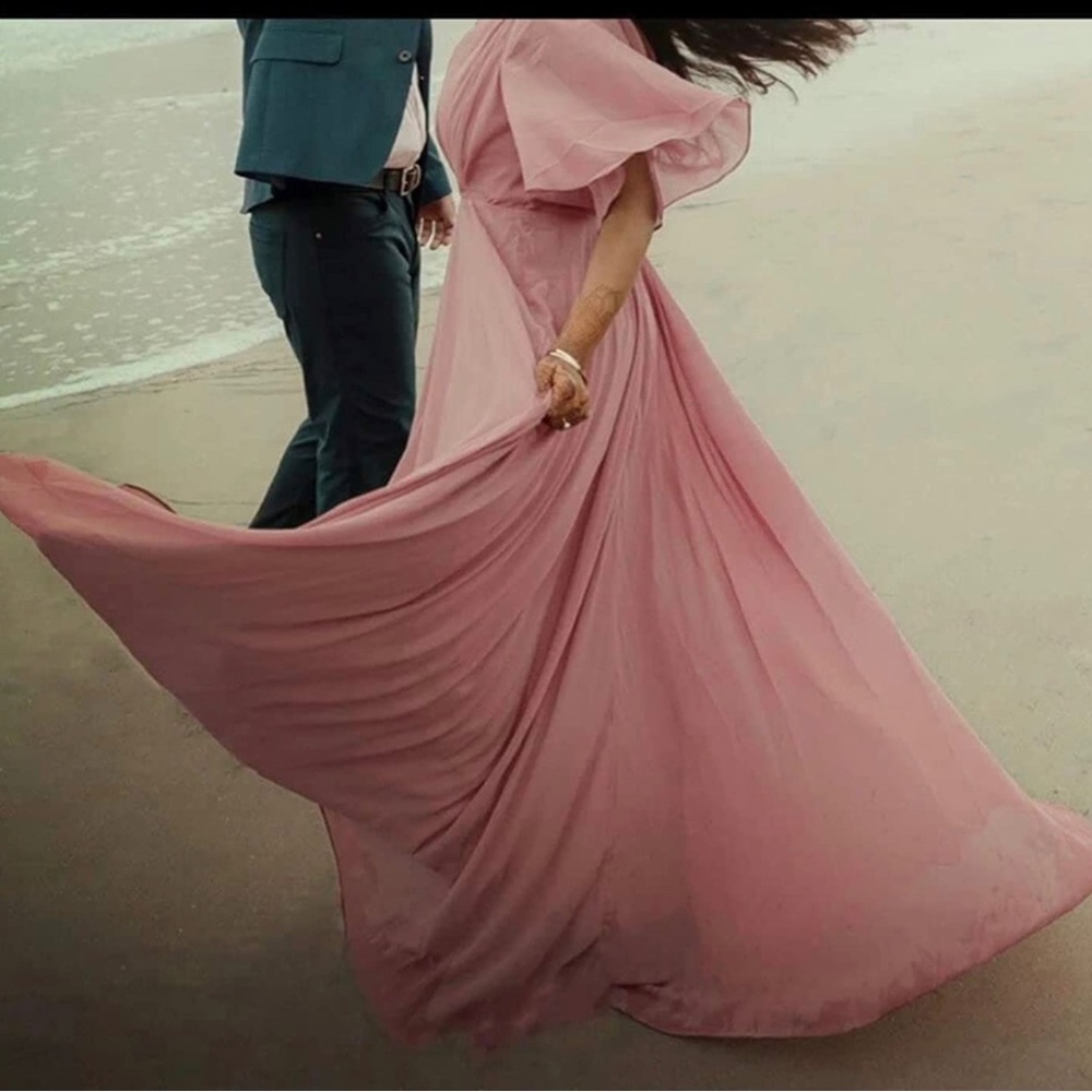 OYI Taupe Chiffon,Bridesmaid Dresses,Pockets,V Neck Long Formal Evening Dress